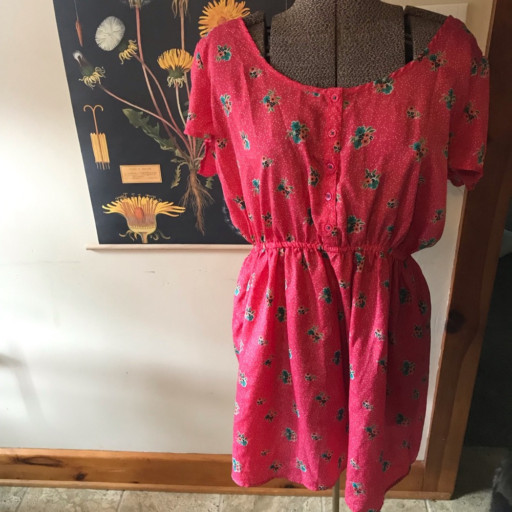 Pink Scoop Neck Floral Pattern Silky Dress